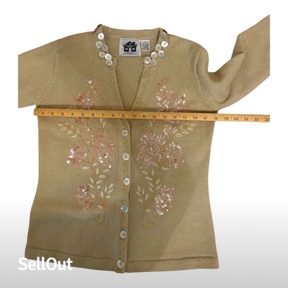 Storybook Knits Women's XS Beige Floral Embroidered Cardigan Sweater - Picture 5 of 7